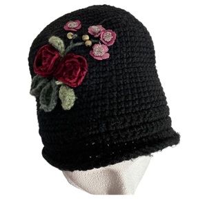 Knitted Winter Hat Black With Flowers